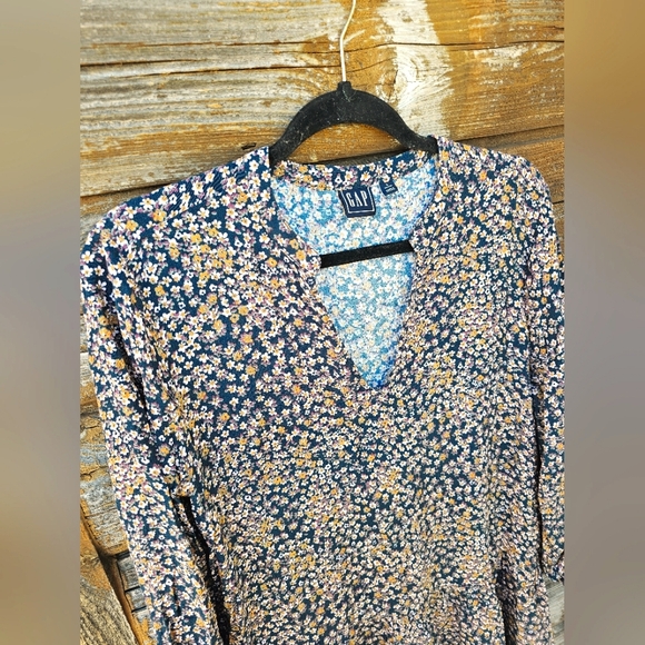 Gap Tiered Flowy Fall Blue, Green & Yellow Floral Vneck Midi Longsleeve Dress - Picture 8 of 16